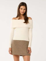Ashley Ribbed Knit Bardot Sweater Cream Forever New