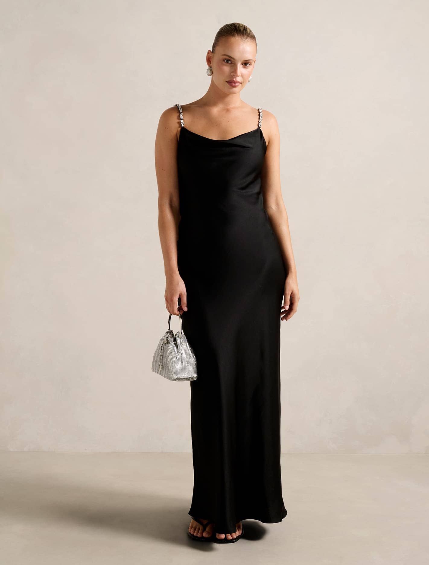 diamante satin dress Maelia | Black Satin Cowl-Neck Maxi Dress With Diamante Straps