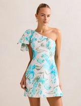 Darcy One Shoulder Bow Mini Dress Blue Lyell Floral Forever New