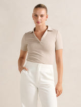 Amari Press Stud Polo Top Almond Marle Forever New