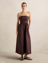 Matisse Ruched Cotton Halter Midi Dress Chocolate Forever New