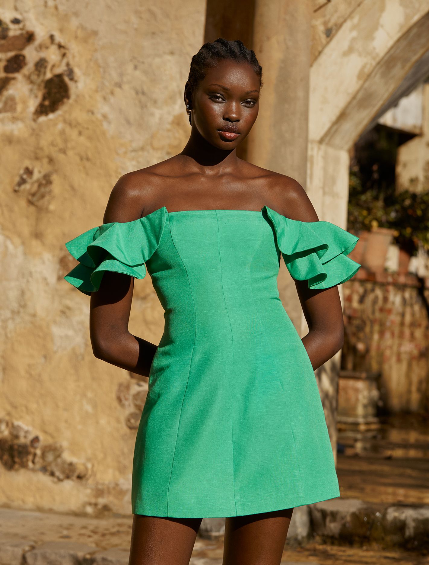 Kenzie Off Shoulder Ruffle Mini Dress Holly Green | Forever New