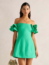 Kenzie Off Shoulder Ruffle Mini Dress Holly Green Forever New