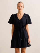 Hattie Short Sleeve Cotton Mini Dress Black Forever New