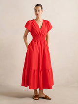Mara Puff Sleeve Cotton Midi Dress Flame Scarlet Forever New