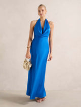 Becca Cowl Halter Satin Dress Vivid Azure Forever New