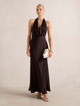 Becca Cowl Halter Satin Dress Dark Chocolate Forever New