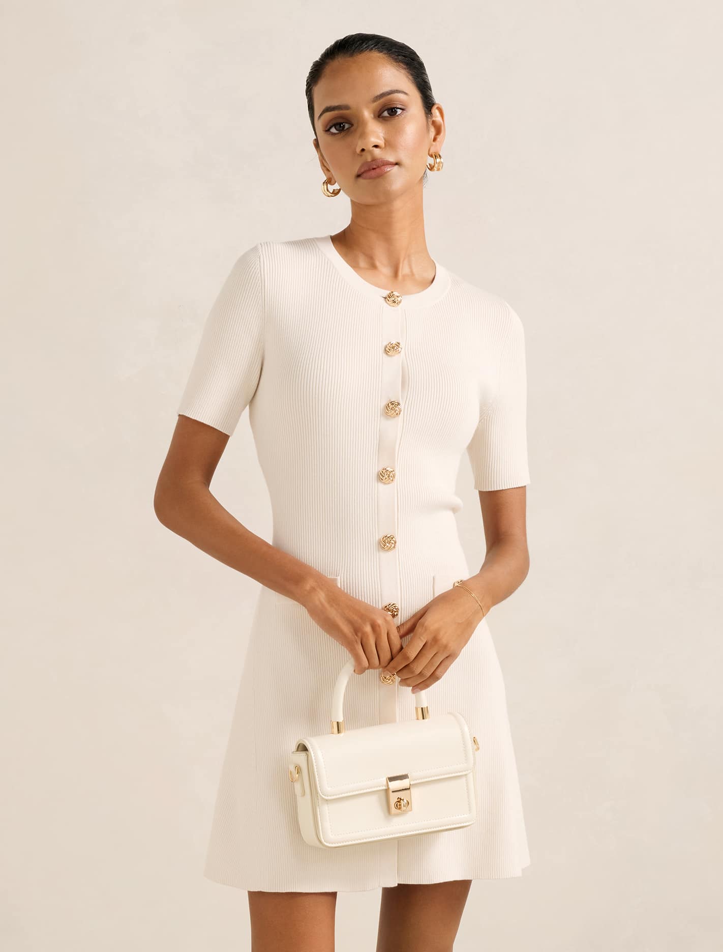 cream dress with gold buttons Serafina Ivory Knit Maxi Dress