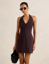 Riley Petite Structured Halter Mini Dress Chocolate Forever New
