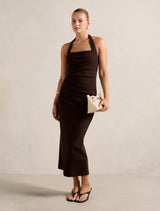 Georgie Halter Ruched Bodycon Dress Chocolate Forever New