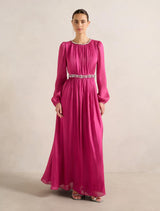 Elvia Metallic Belted Maxi Dress Magenta Pink Forever New