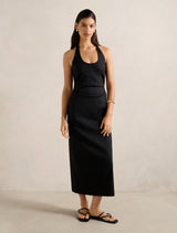 Esmee U-Neck Stretch Linen Midi Dress Black Forever New