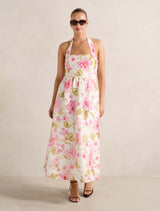 Tilda Halter Midi Dress Pink Layla Botanical Forever New