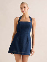 Ava Denim Halter Mini Dress Dark Wash Forever New