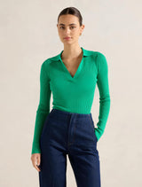 Zoey Scallop Detail Knit Polo Top Green Forever New