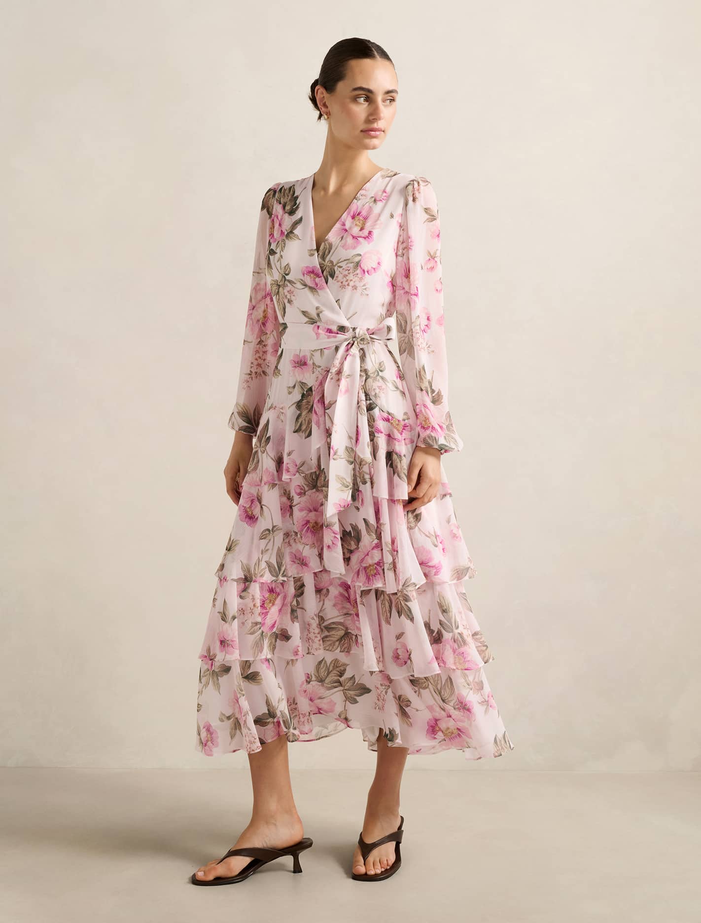Nicky Long Sleeve Tiered Midi Dress Pink Floral