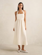 Tilda Halter Linen Midi Dress Pearl Forever New