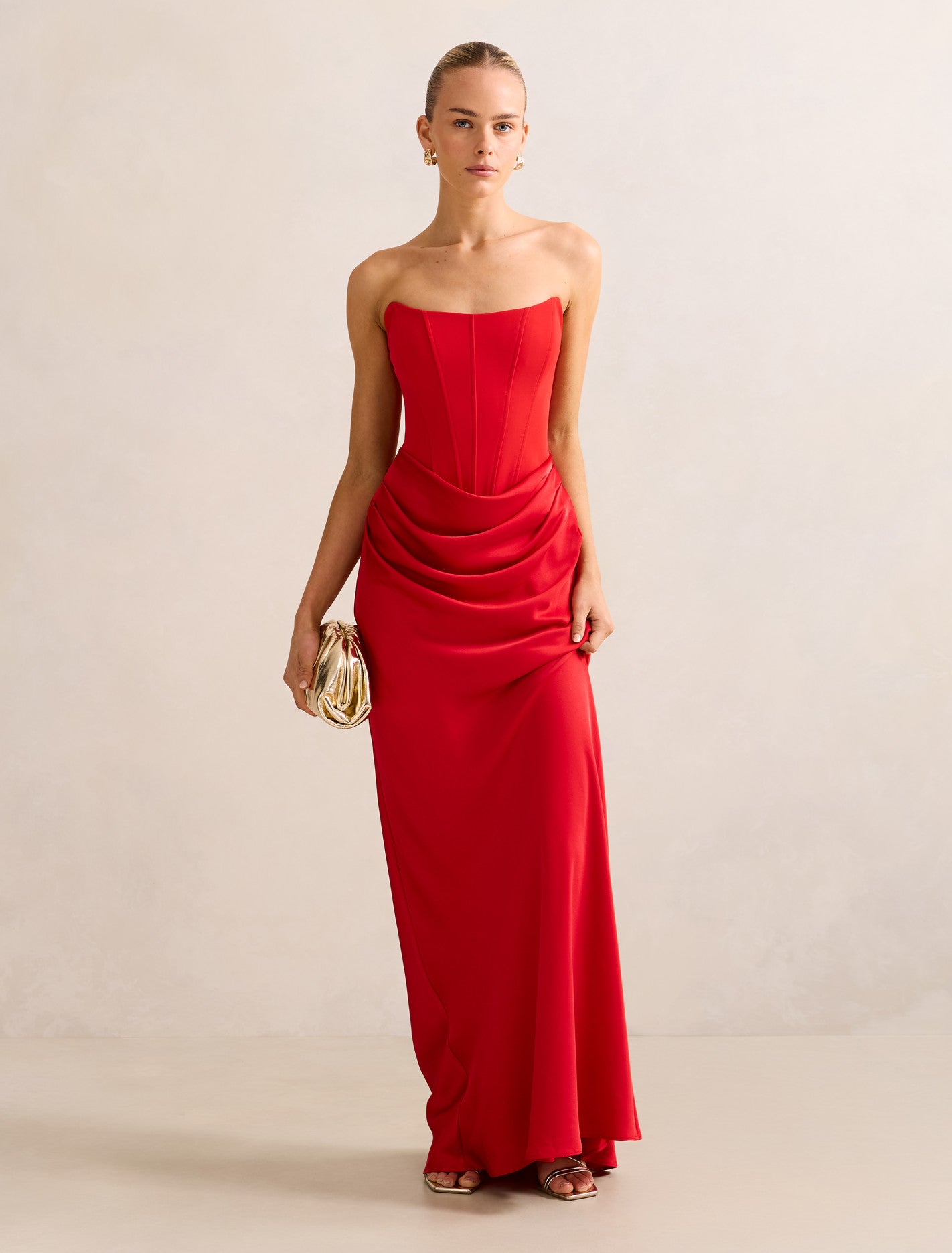 Isra Drape Strapless Maxi Dress Red | Forever New Isra Drape Strapless Maxi Dress Red | Forever New