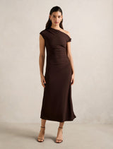 Paris Draped Mesh Midi Dress Chocolate Forever New