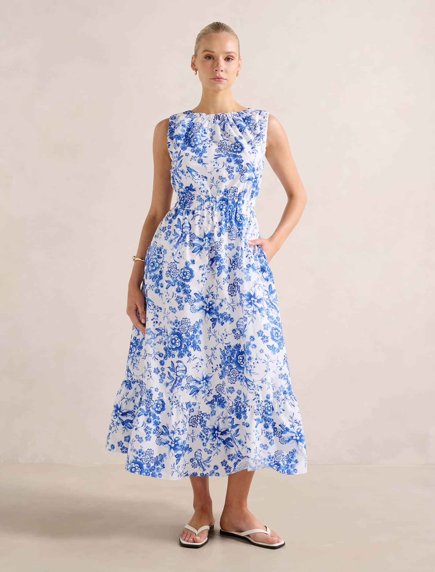 Bella Shirred Cotton Midi Dress Kenai Ditsy