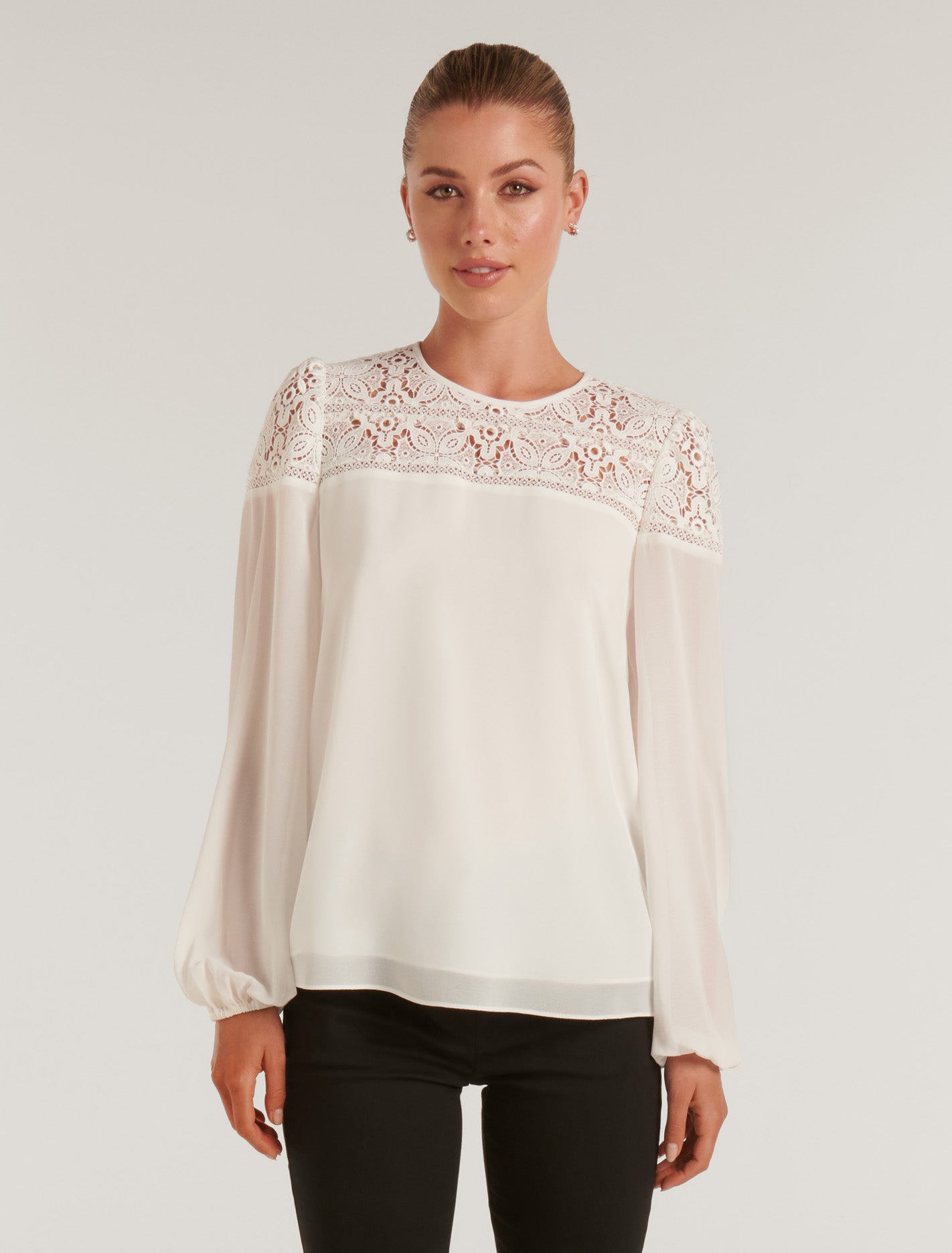 Elina Long Sleeve Lace Blouse Oyster White | Forever New