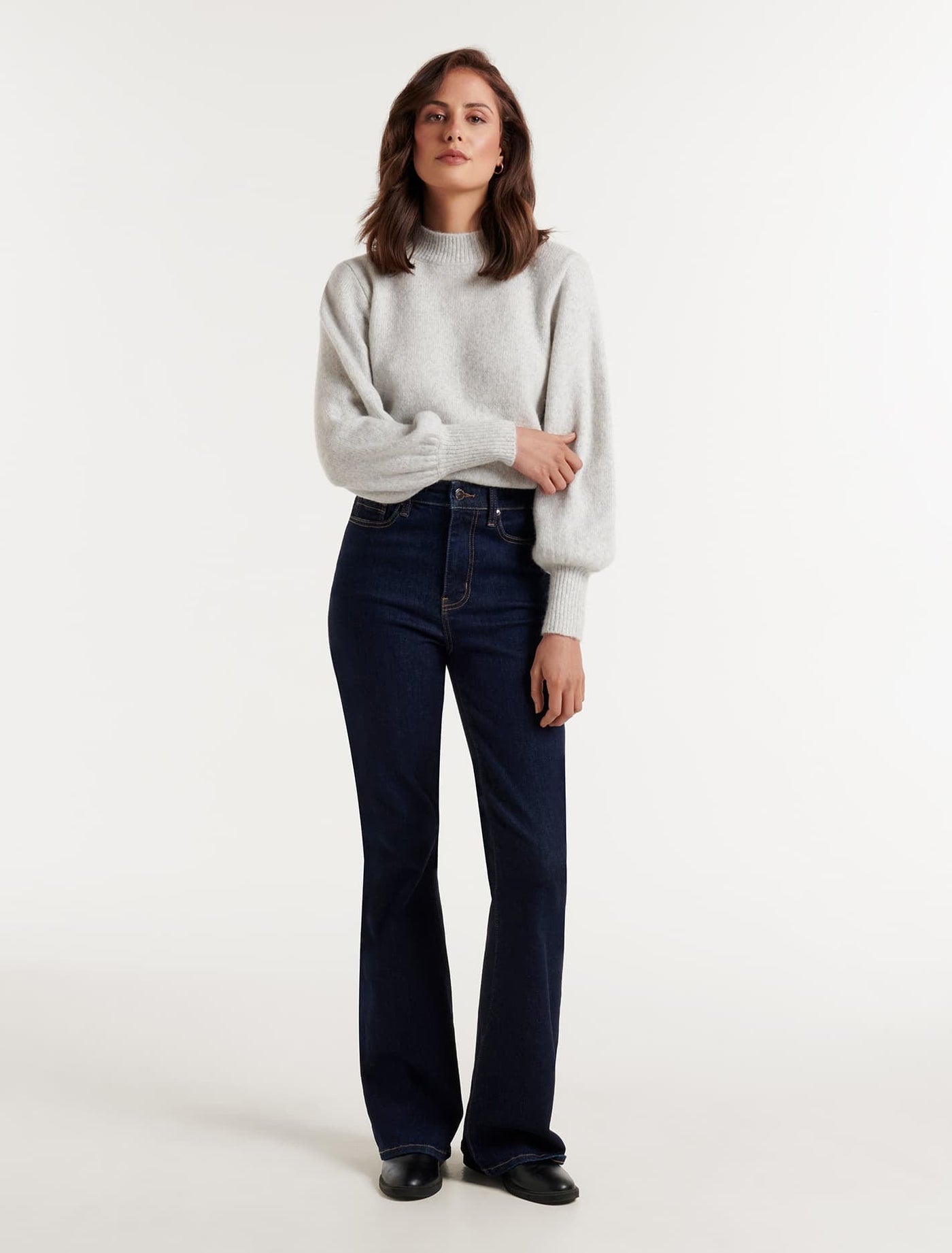 Ella Cinched Blouson Sleeve Knit Jumper Iced Grey | Forever New