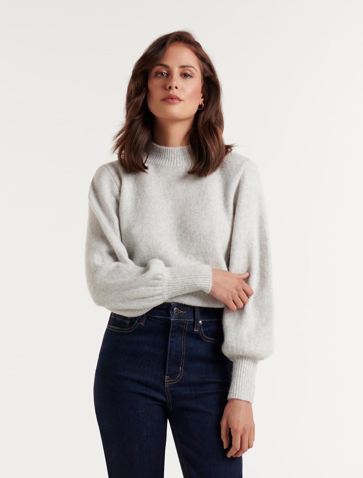Ella Cinched Blouson Sleeve Knit Jumper Iced Grey | Forever New