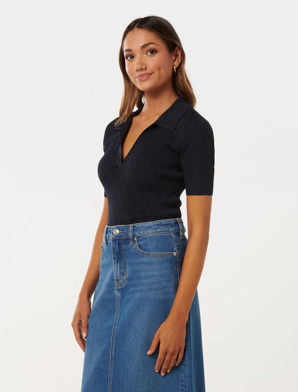 Paris Petite Short Sleeve Polo Collar Knit Top Forever New