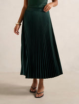 Estelle Satin Pleated Midi Skirt Dark Green Forever New