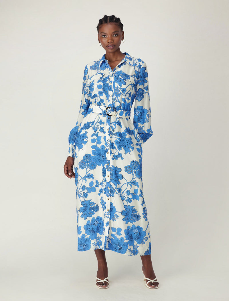 Janie Printed Shirt Midi Dress Large Blue Chintz | Forever New