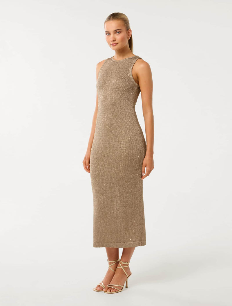 Rio Sequin Metallic Knit Dress Gold Sequin | Forever New