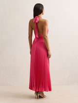 Natasha Pleated Satin Halter Maxi Dress