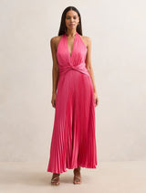 Natasha Pleated Satin Halter Maxi Dress