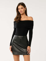 Kyla Long Sleeve Wool Blend Bardot Top Black Forever New