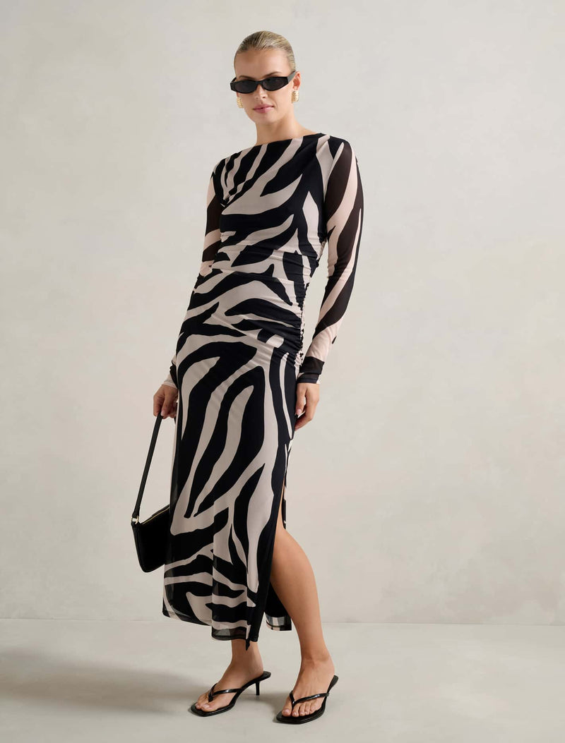 Alannah Mesh Long Sleeve Midi Dress Black Drew Abstract Forever New