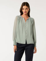 Piper Gathered Yoke Blouse Green Milieu Forever New
