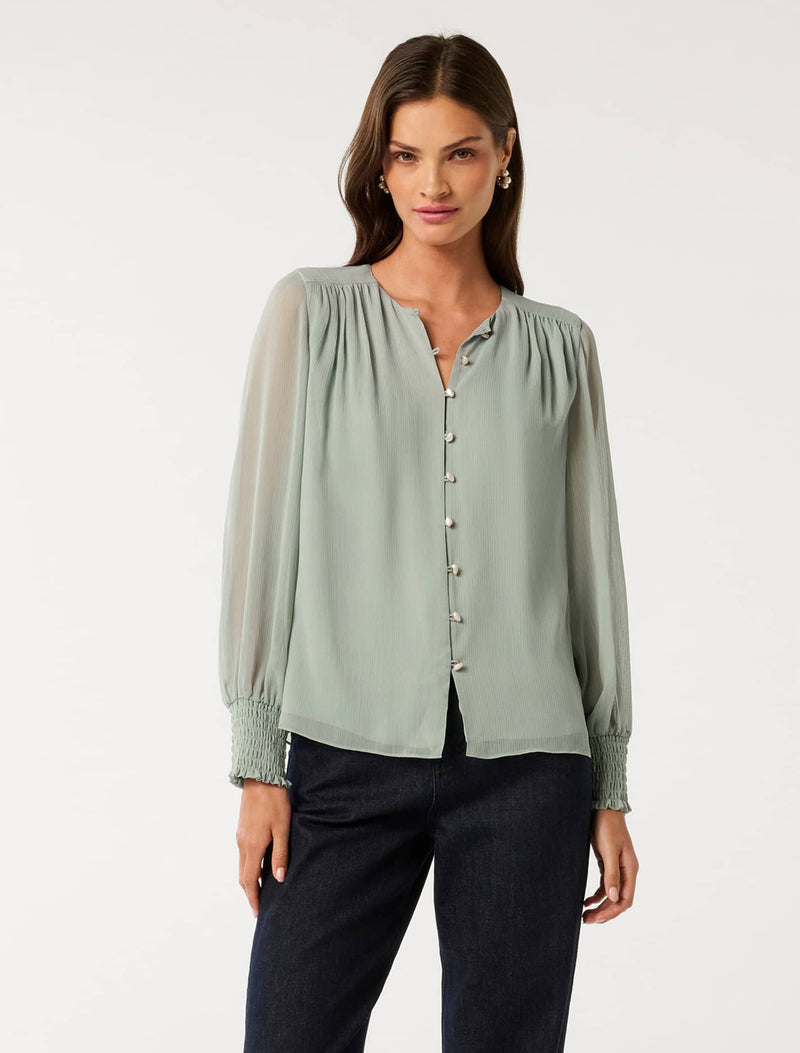 Piper Gathered Yoke Blouse Green Milieu Forever New