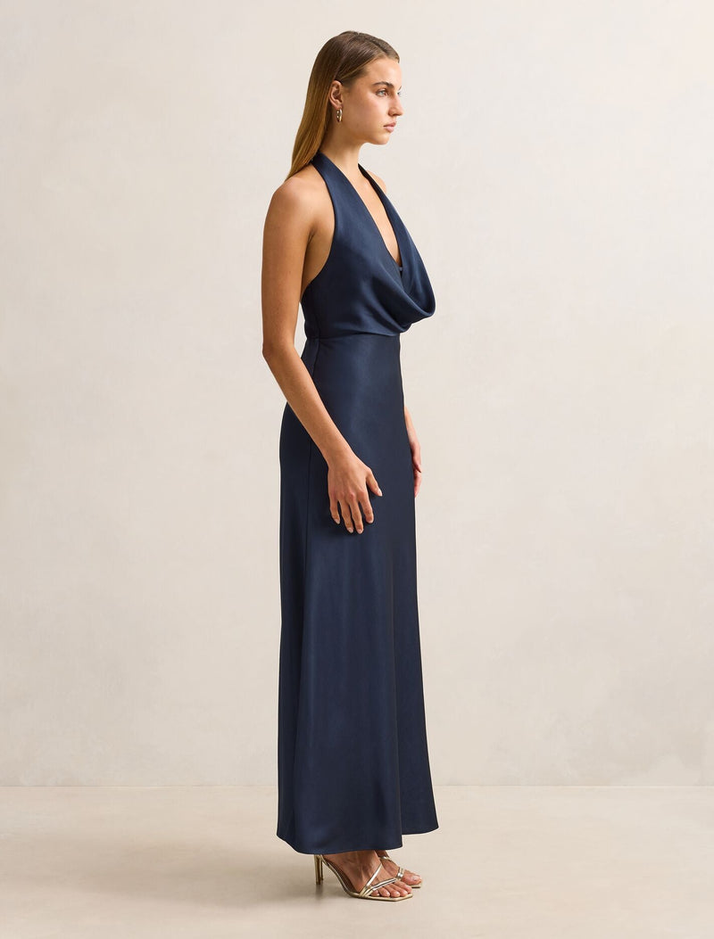 Becca Cowl Halter Satin Dress Navy | Forever New Becca Cowl Halter Satin Dress Navy | Forever New