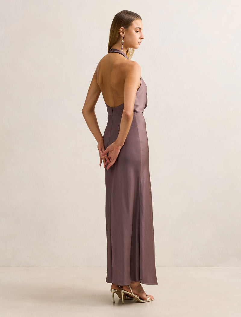 Becca Cowl Halter Satin Dress Moonlight