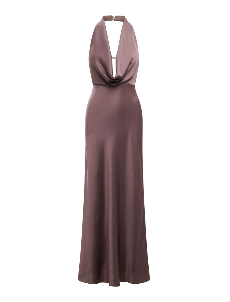 Becca Cowl Halter Satin Dress Moonlight