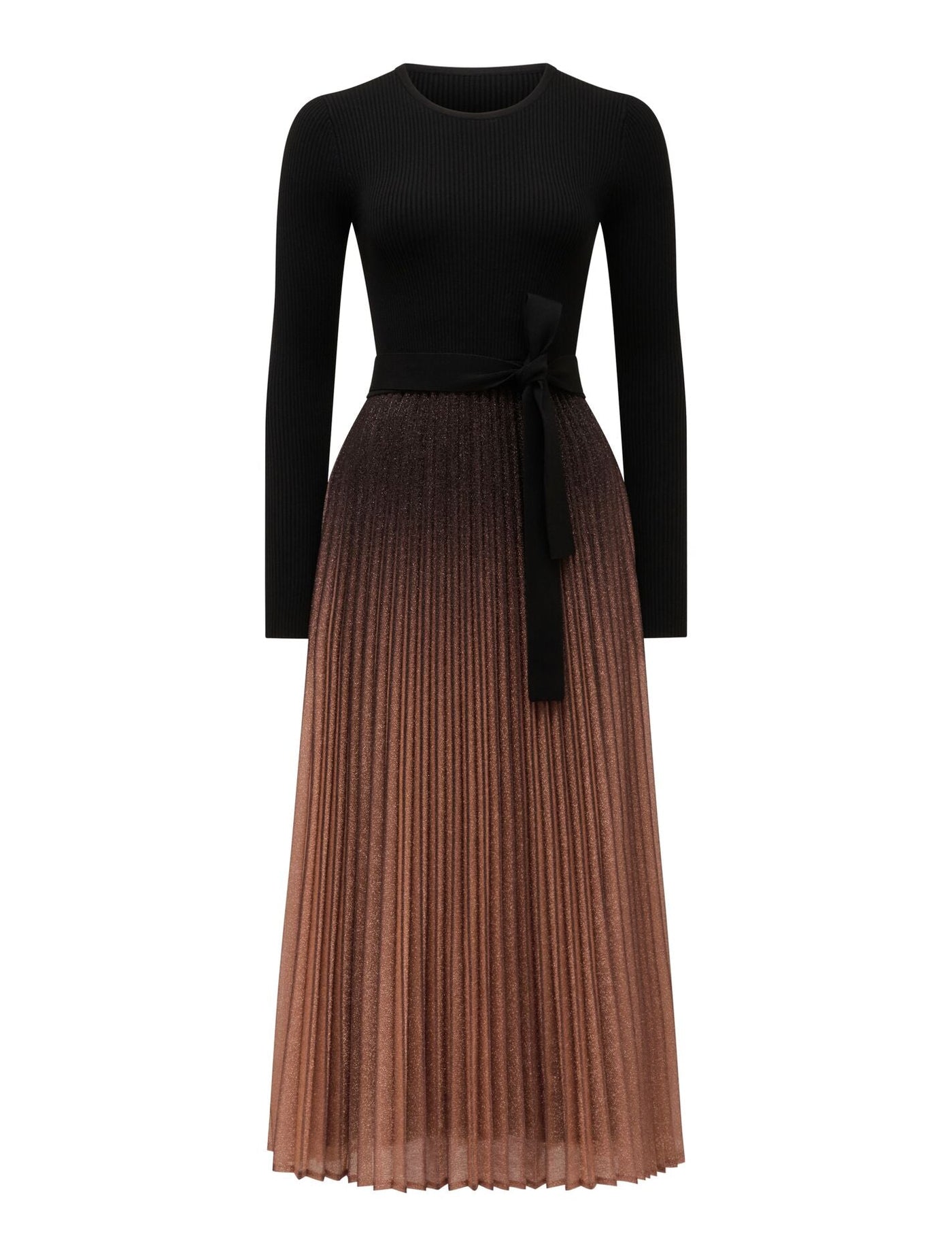 gradient pleated splicing belted knit dress in black Celina Ombre Metallic Midi made in spain