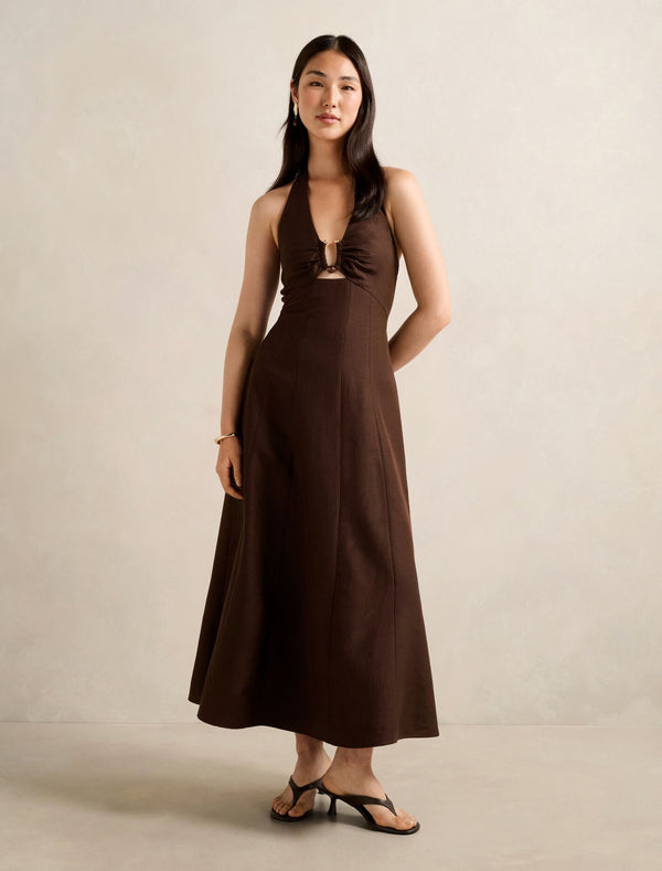 Angie Hardware Halter Linen Midi Dress Chocolate Forever New