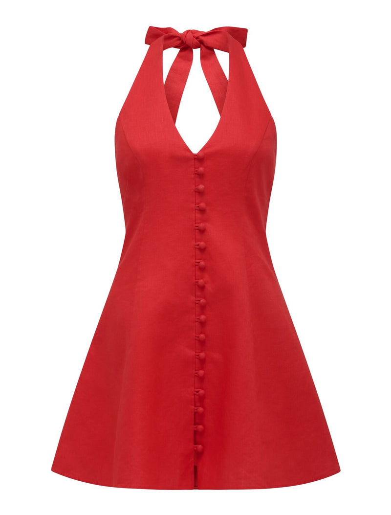 Ina Button Front Halter Linen Mini Dress Forever New