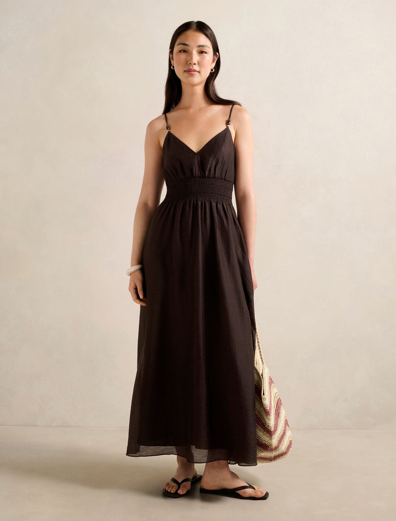 gina midi dress Gina Gathered Waist Midi Dress Chocolate
