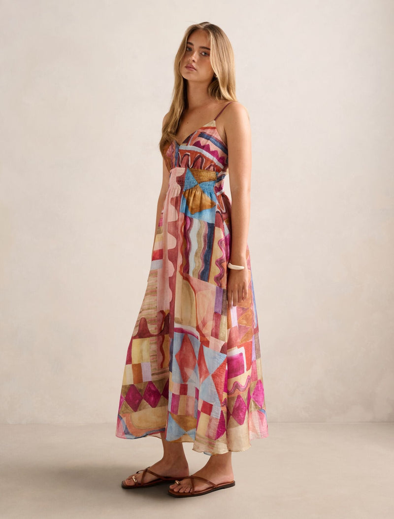 gina midi dress Gina Gathered Waist Midi Dress Otira Abstract