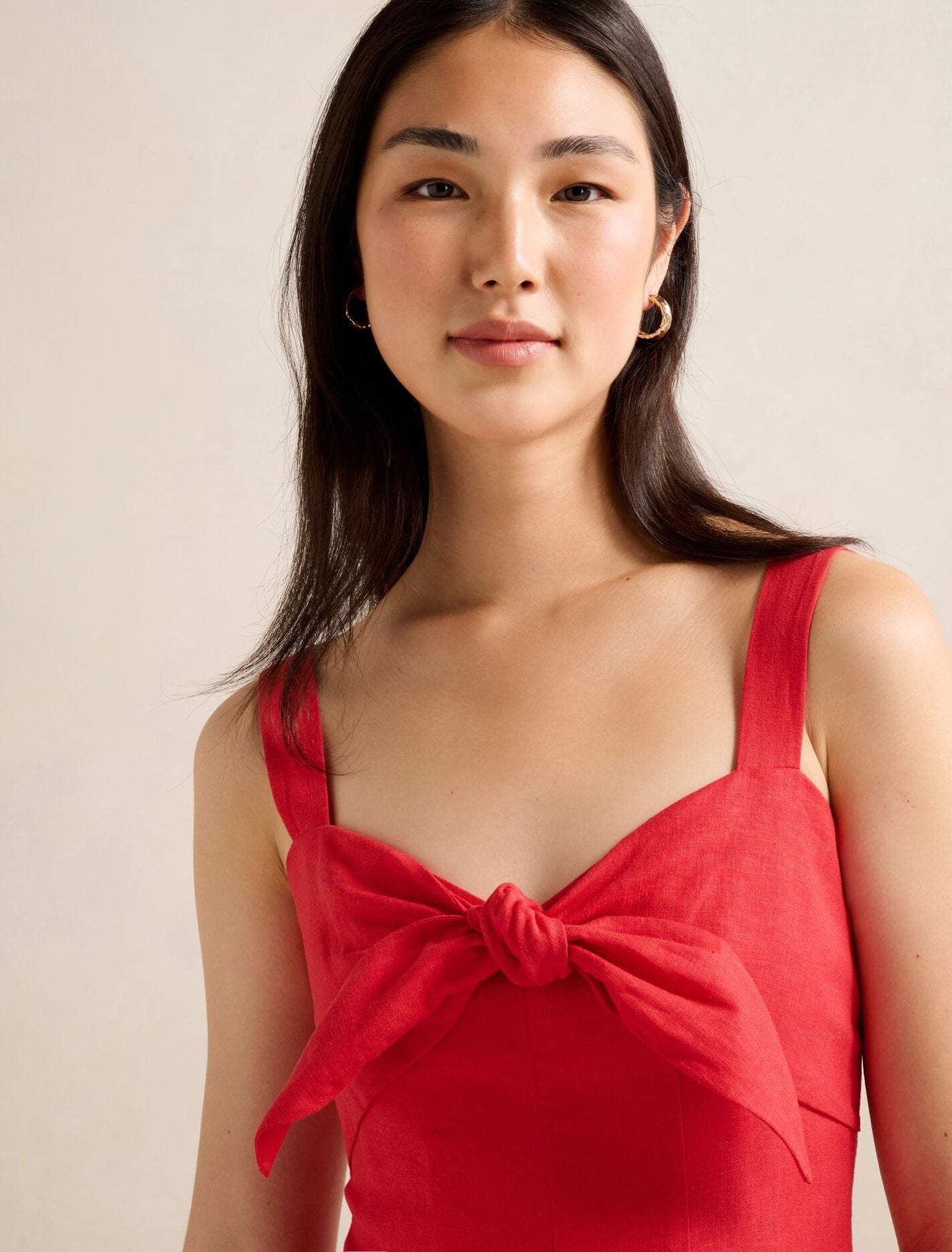 Kara Tie Front Linen Midi Dress Bright Red