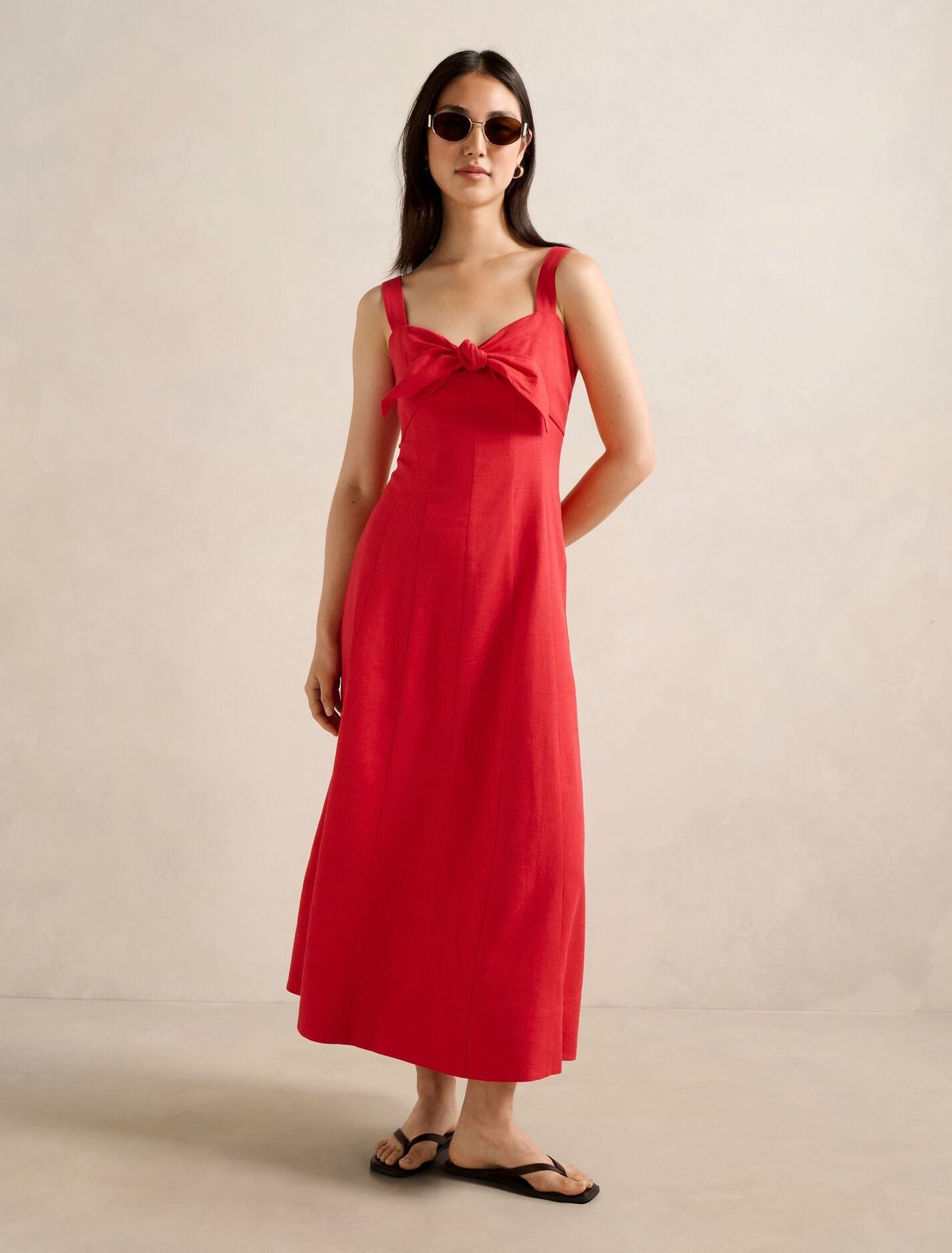 Kara Tie Front Linen Midi Dress Bright Red