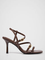 Brenda Buckle Detail Asymmetrical Sandal Heel Chocolate Brown Forever New