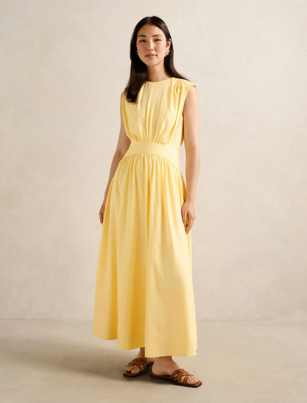 Isobel Tapered Waist Linen Midi Dress Soft Yellow Forever New