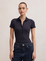 Aaliyah Ribbed Polo Top Navy Forever New